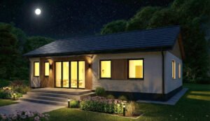 Györgyi 90 acélszerkezetes ház este